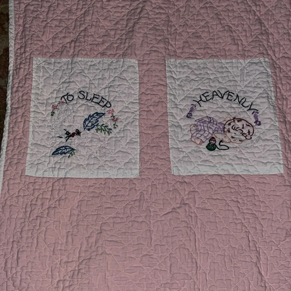 Pink Embroidered Baby Quilt handmade 50” x 32”